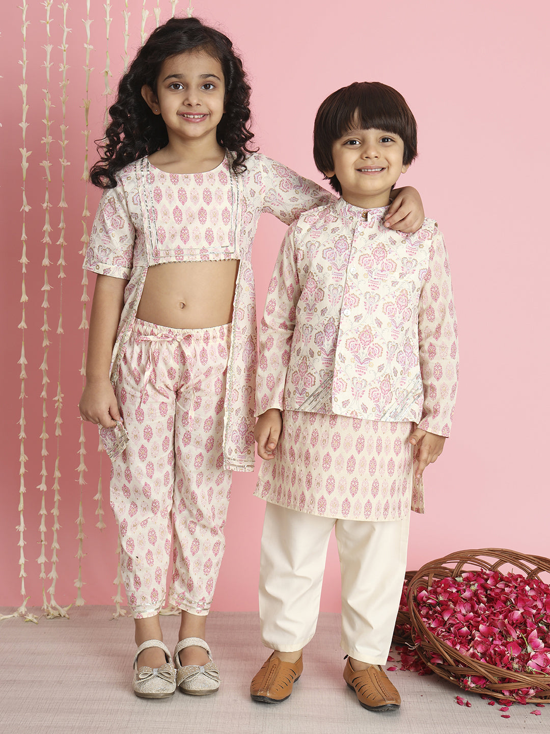 Boys Straight Style Cotton Fabric Pink And Cream Color Floral Printed Kurta And Pyjama With Nehru Jacket