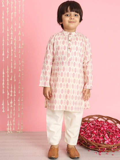 Boys Straight Style Cotton Fabric Pink And Cream Color Floral Printed Kurta And Pyjama With Nehru Jacket