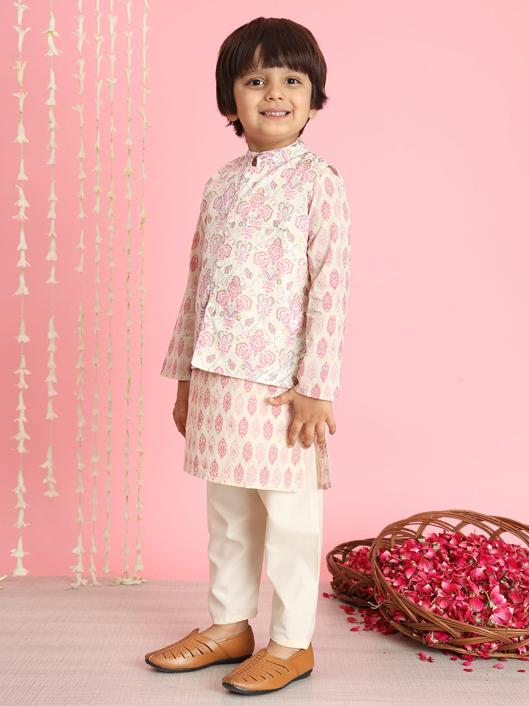 Boys Straight Style Cotton Fabric Pink And Cream Color Floral Printed Kurta And Pyjama With Nehru Jacket