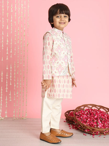 Boys Straight Style Cotton Fabric Pink And Cream Color Floral Printed Kurta And Pyjama With Nehru Jacket
