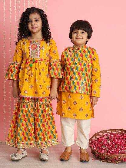 Boys Straight Style Cotton Fabric Orange And Cream Color Floral Printed Kurta And Pyjama With Nehru Jacket