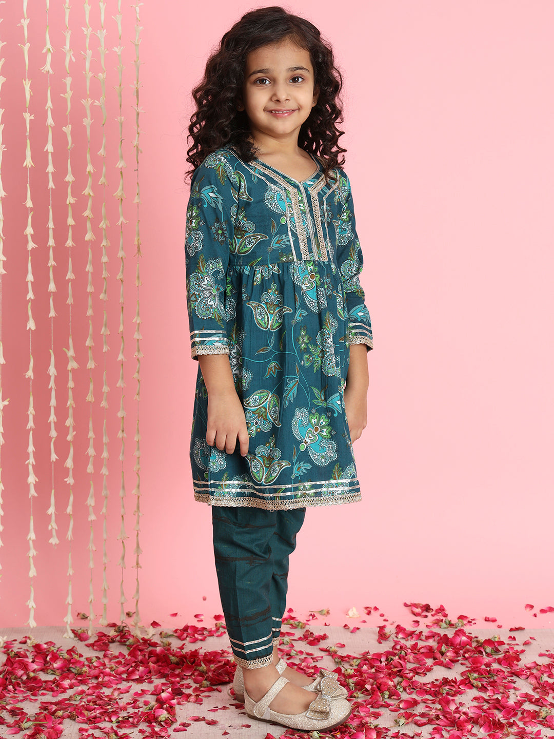 Frock Style Cotton Fabric Teal Color Floral Printed Kurti And Pyjama With Gotta Lace Work