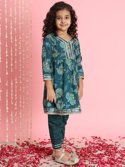 Frock Style Cotton Fabric Teal Color Floral Printed Kurti And Pyjama With Gotta Lace Work