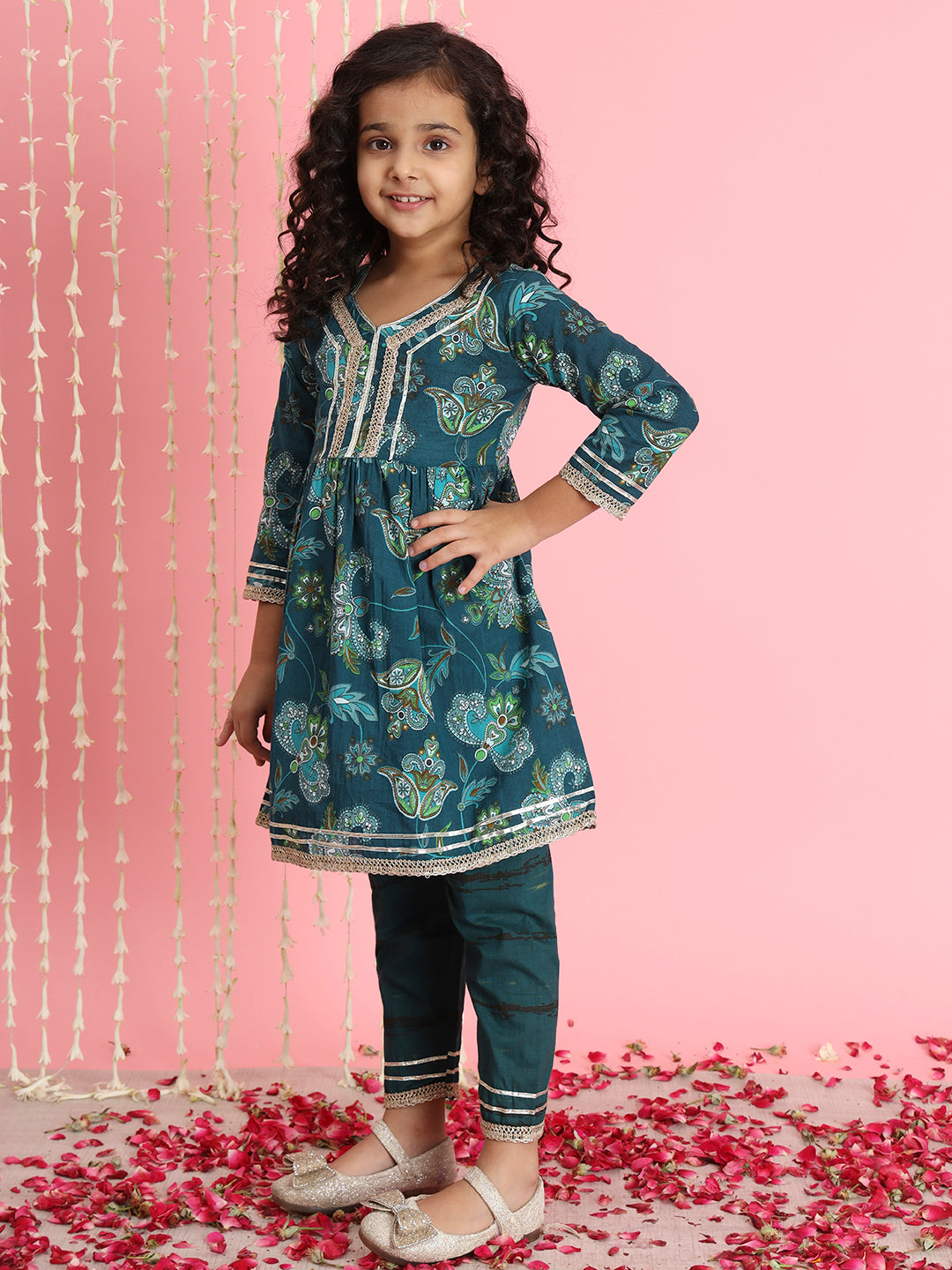 Frock Style Cotton Fabric Teal Color Floral Printed Kurti And Pyjama With Gotta Lace Work