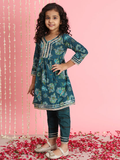 Frock Style Cotton Fabric Teal Color Floral Printed Kurti And Pyjama With Gotta Lace Work