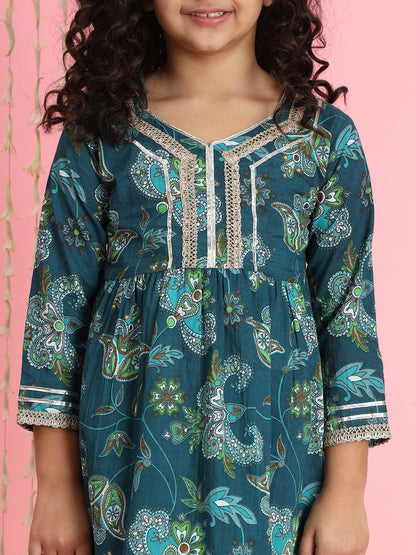 Frock Style Cotton Fabric Teal Color Floral Printed Kurti And Pyjama With Gotta Lace Work
