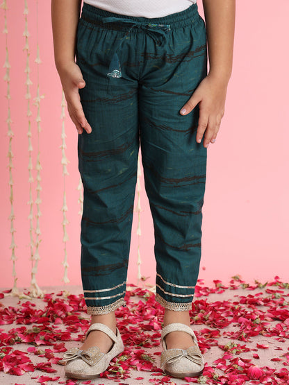 Frock Style Cotton Fabric Teal Color Floral Printed Kurti And Pyjama With Gotta Lace Work