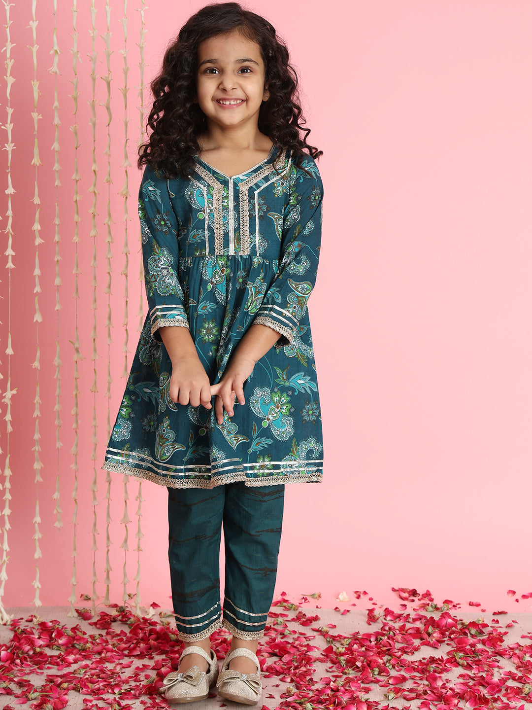 Frock Style Cotton Fabric Teal Color Floral Printed Kurti And Pyjama With Gotta Lace Work