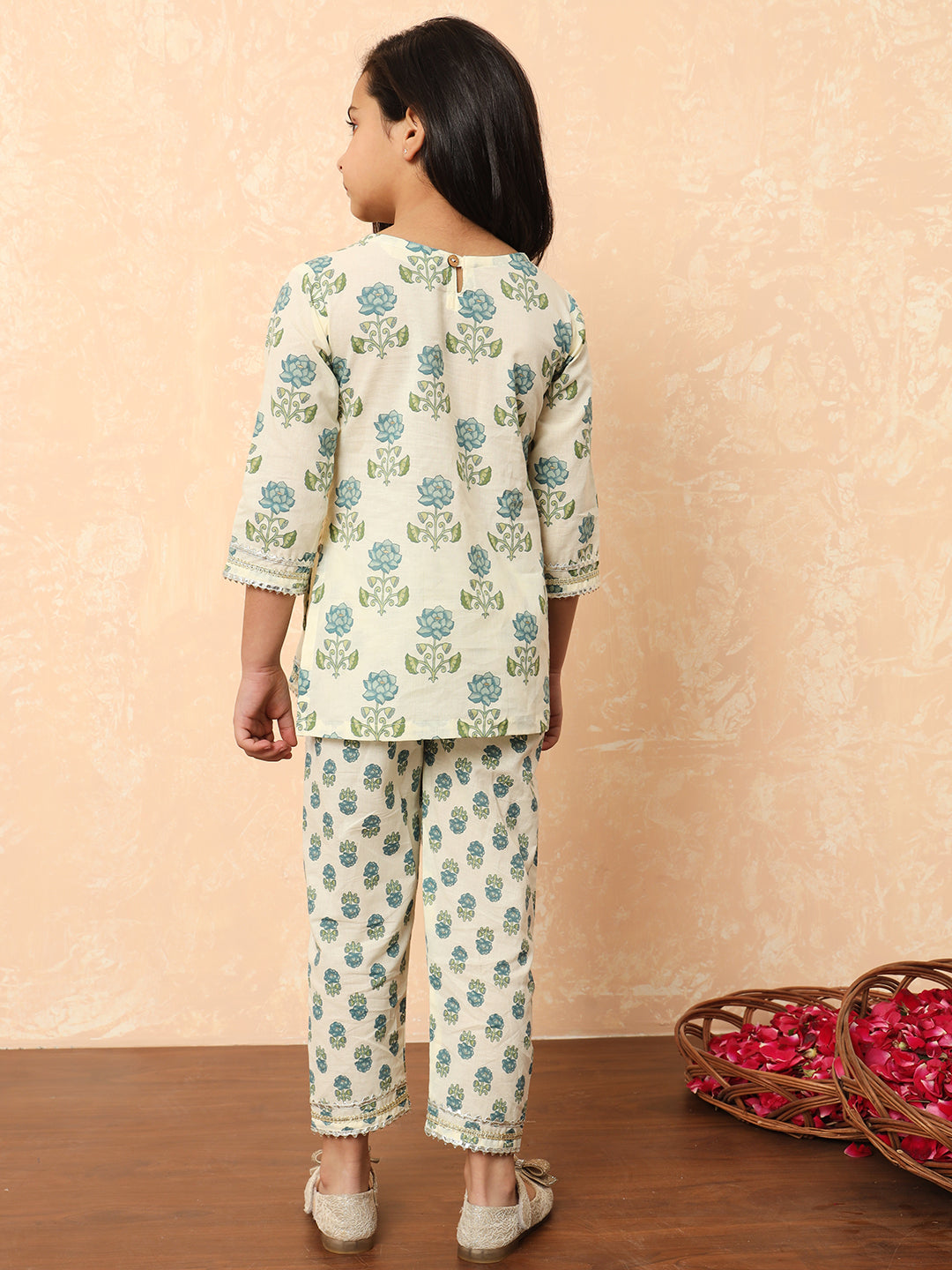 Straight Style Cotton Fabric Teal Color Floral Printed Kurti And Pyjama With Gotta Lace Work