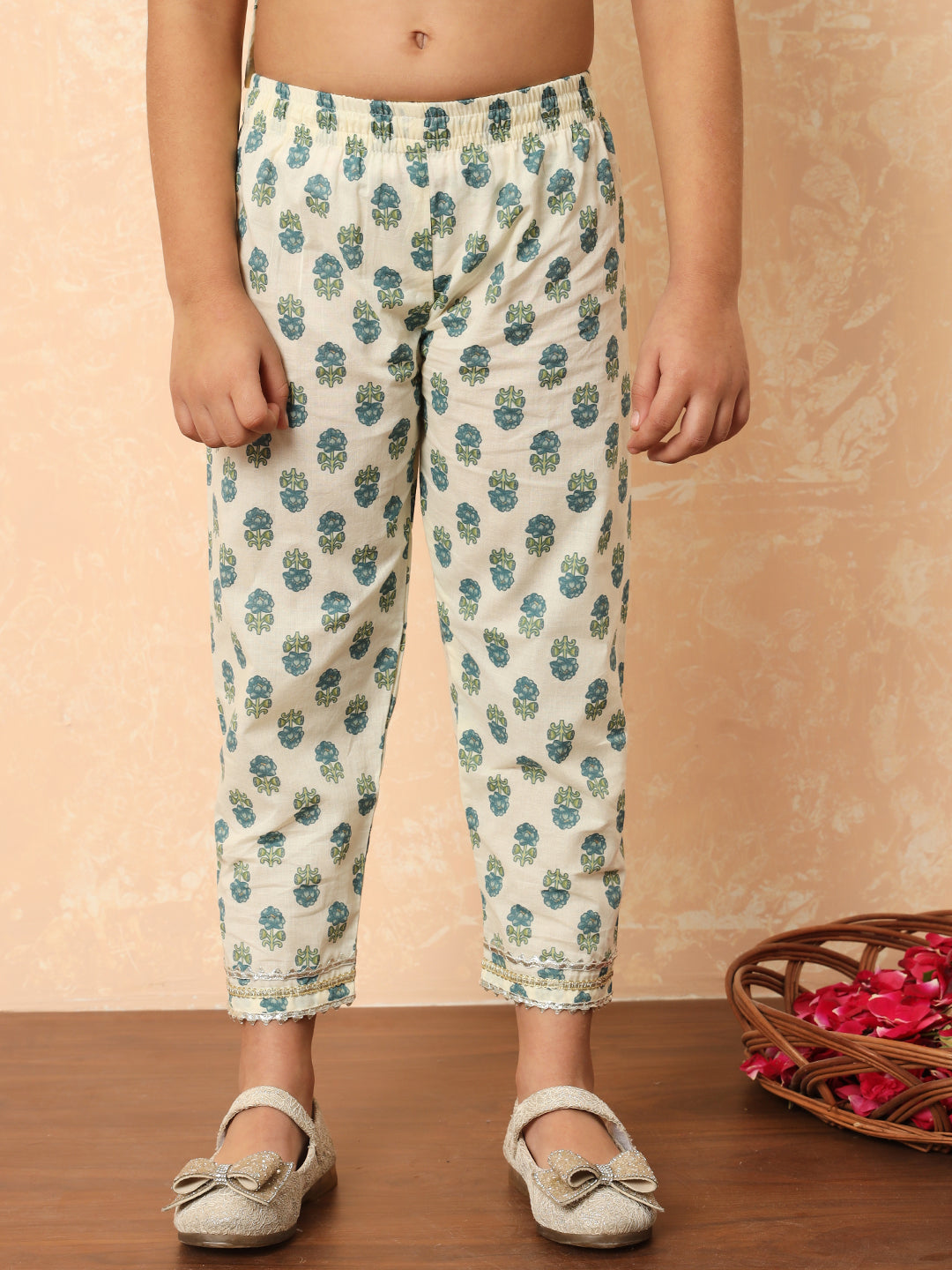 Straight Style Cotton Fabric Teal Color Floral Printed Kurti And Pyjama With Gotta Lace Work