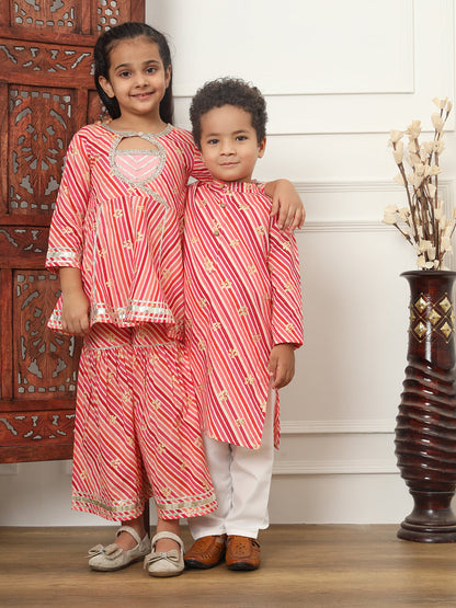 Boys Straight Style Cotton Fabric Maroon Color Leheriya Kurta With White Color Pyjama