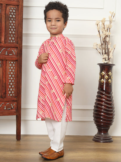 Boys Straight Style Cotton Fabric Maroon Color Leheriya Kurta With White Color Pyjama