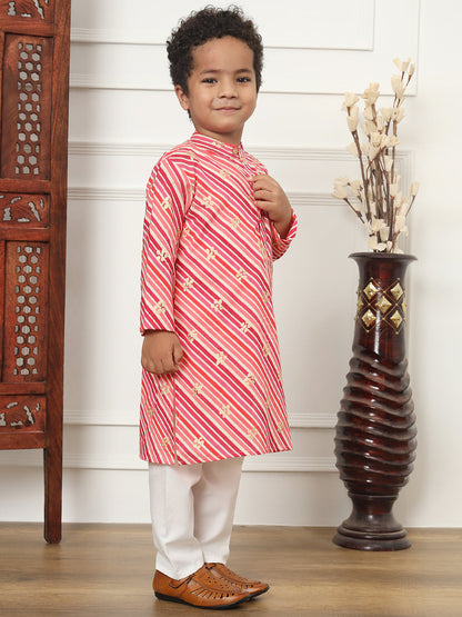 Boys Straight Style Cotton Fabric Maroon Color Leheriya Kurta With White Color Pyjama