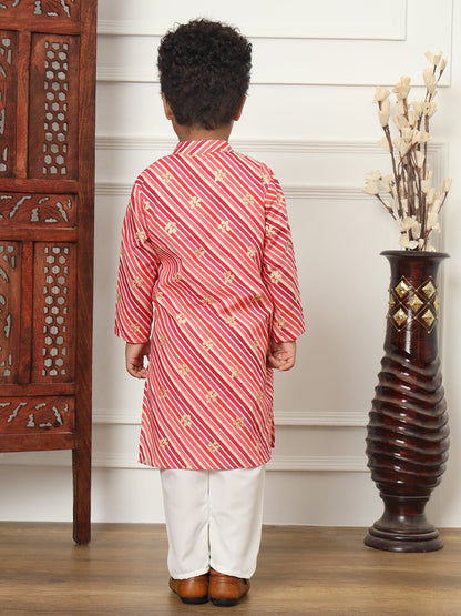 Boys Straight Style Cotton Fabric Maroon Color Leheriya Kurta With White Color Pyjama