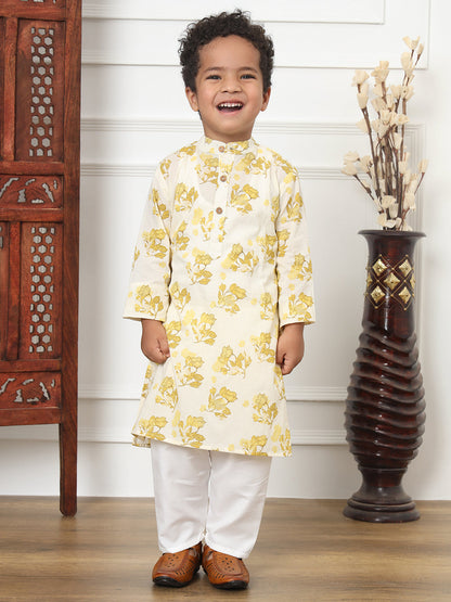 Boys Straight Style Cotton Fabric Yellow Color Floral Printed Kurta And White Color Pyjama With Nehru Jacket