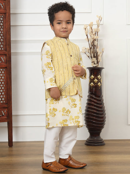 Boys Straight Style Cotton Fabric Yellow Color Floral Printed Kurta And White Color Pyjama With Nehru Jacket