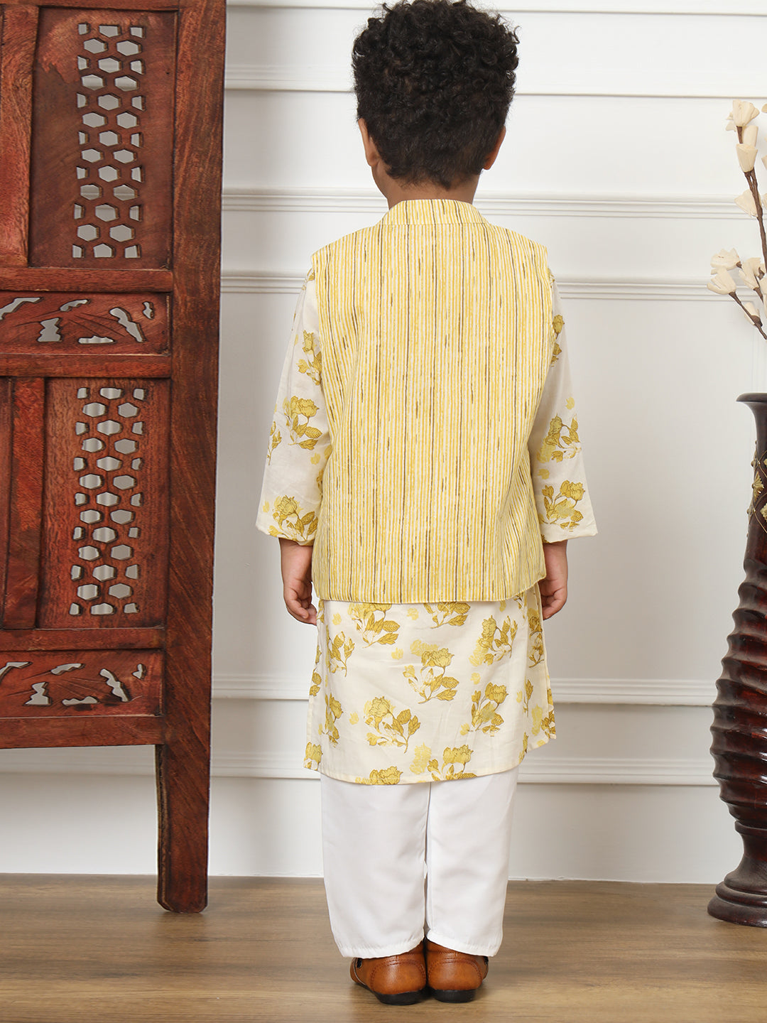 Boys Straight Style Cotton Fabric Yellow Color Floral Printed Kurta And White Color Pyjama With Nehru Jacket