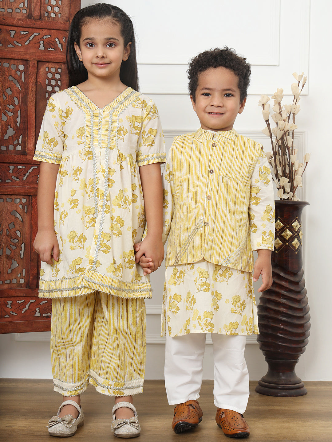 Boys Straight Style Cotton Fabric Yellow Color Floral Printed Kurta And White Color Pyjama With Nehru Jacket