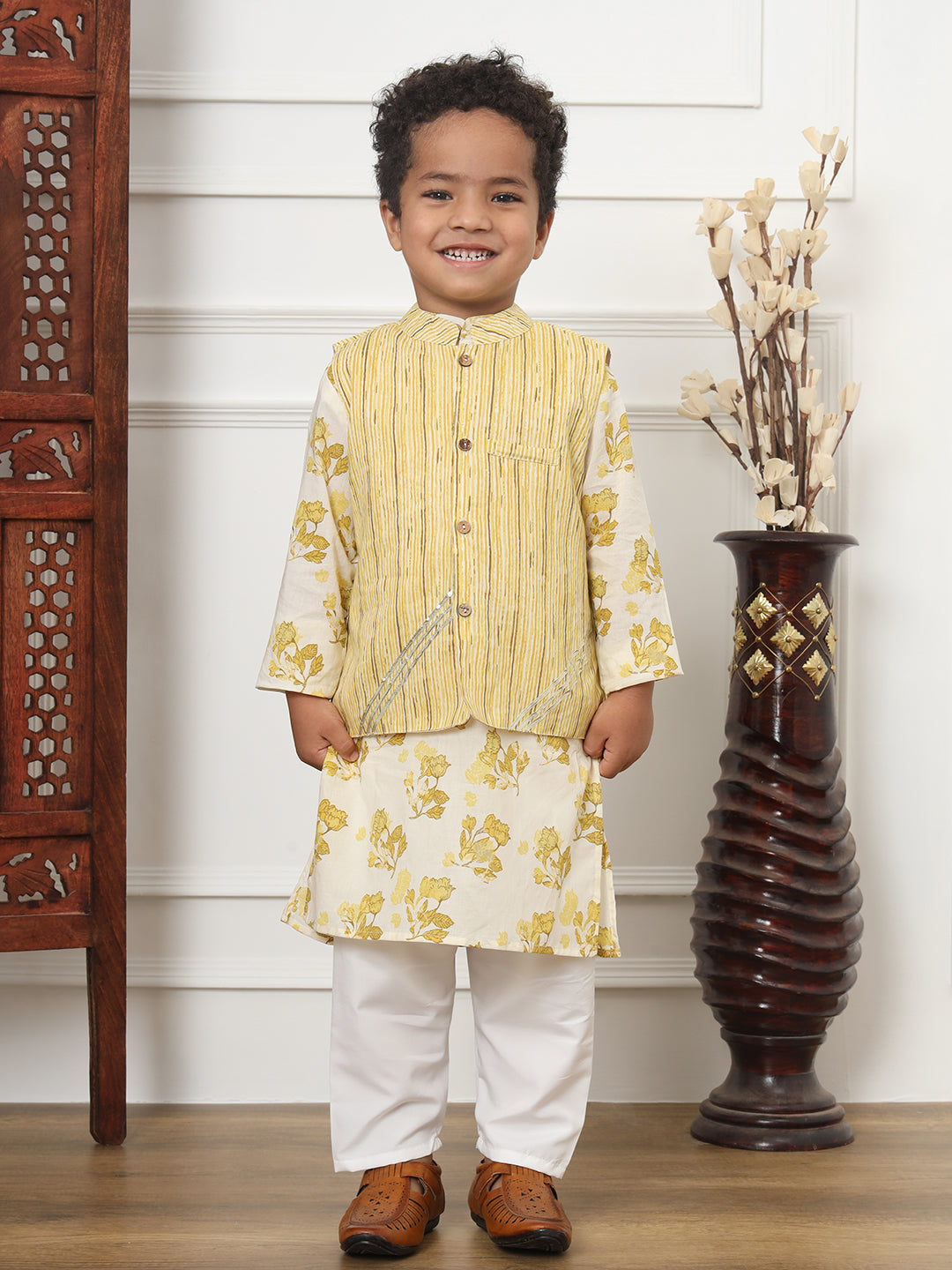 Boys Straight Style Cotton Fabric Yellow Color Floral Printed Kurta And White Color Pyjama With Nehru Jacket