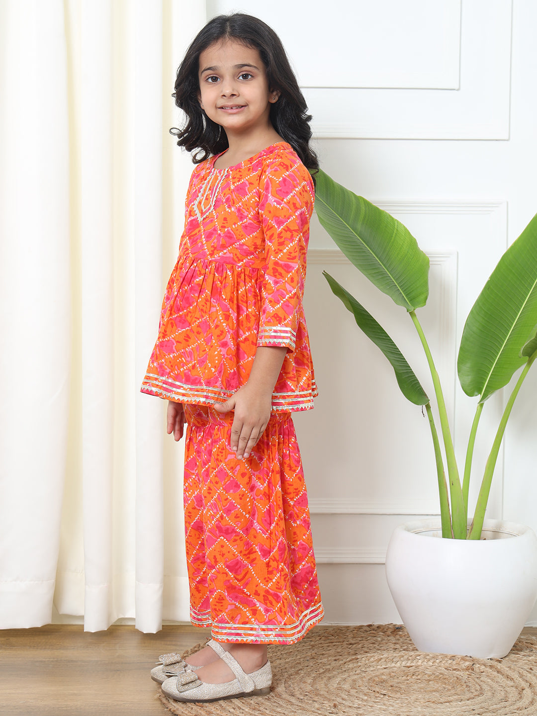 Girls Frock Style Cotton Fabric Orange Color Bandhej Kurti And Sharara With Gotta Lace Work
