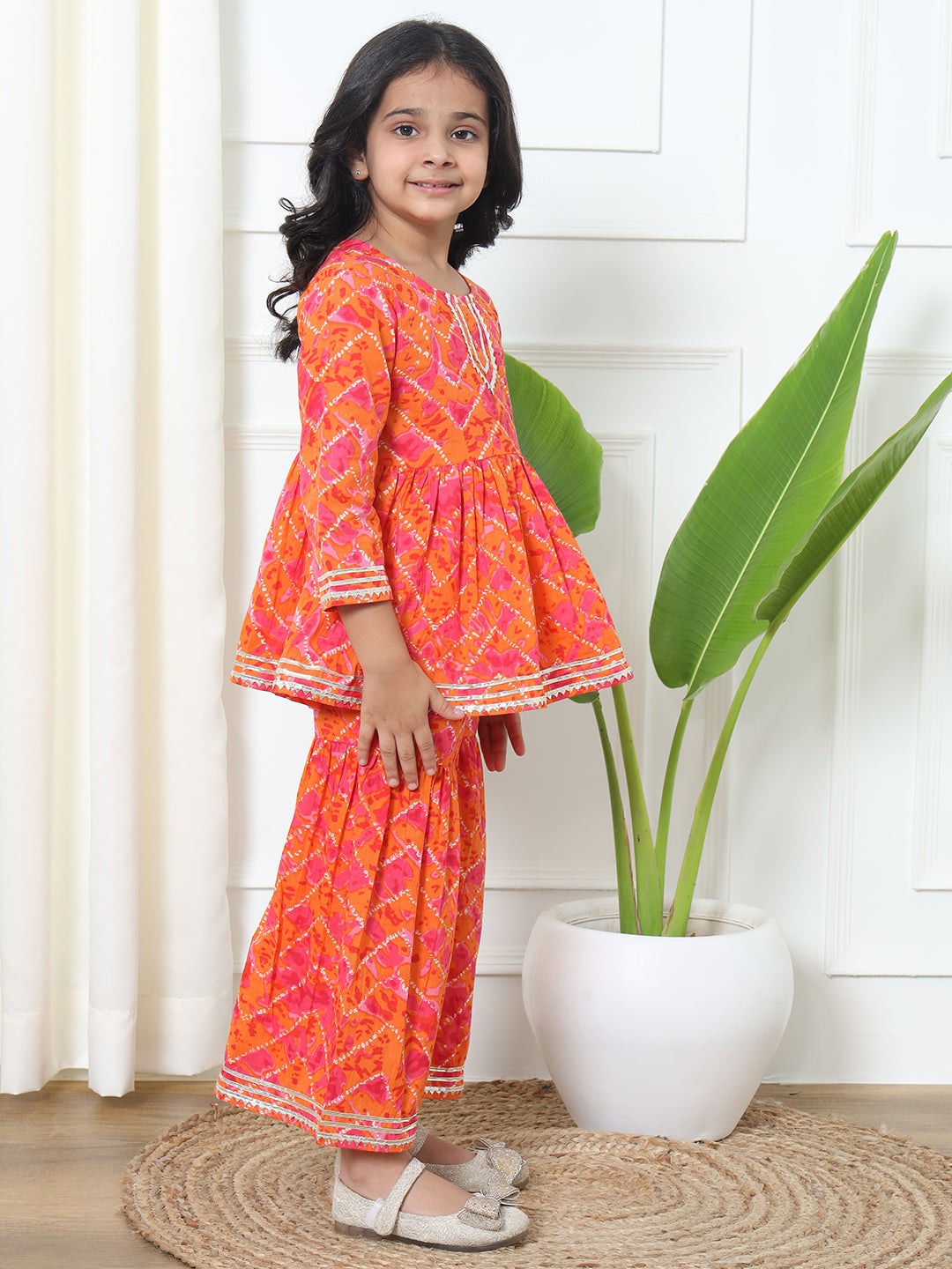Girls Frock Style Cotton Fabric Orange Color Bandhej Kurti And Sharara With Gotta Lace Work