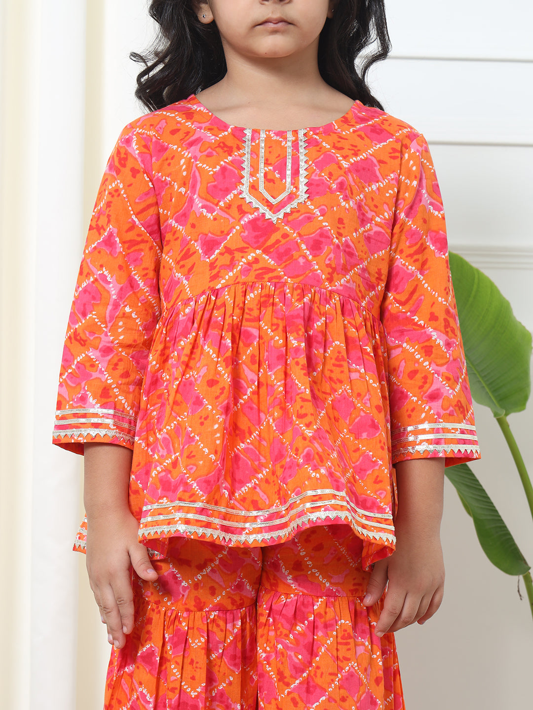 Girls Frock Style Cotton Fabric Orange Color Bandhej Kurti And Sharara With Gotta Lace Work
