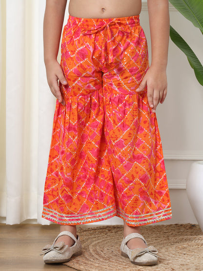 Girls Frock Style Cotton Fabric Orange Color Bandhej Kurti And Sharara With Gotta Lace Work