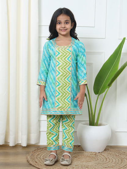 A Line Style Rayon Fabric Blue And Green Color Printed Kurti And Pyjama With Gotta Lace Work