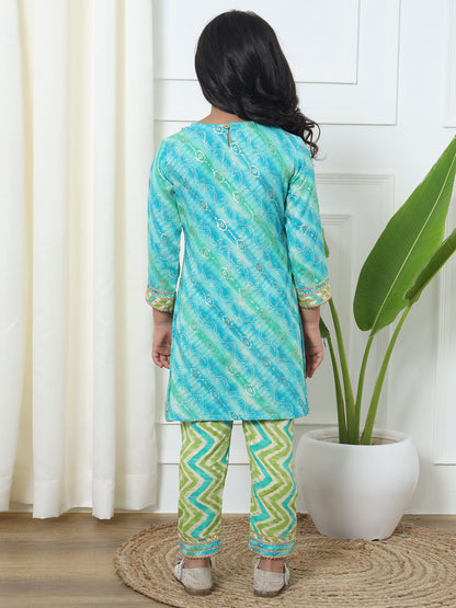 A Line Style Rayon Fabric Blue And Green Color Printed Kurti And Pyjama With Gotta Lace Work