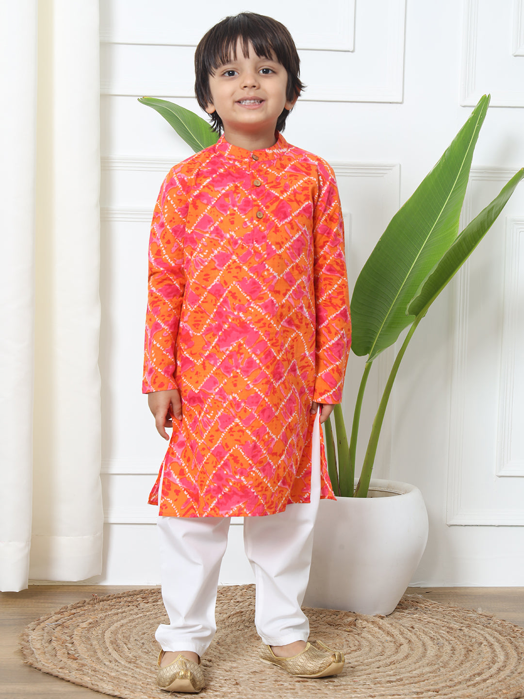 Boys Straight Style Cotton Fabric Orange Color Bandhani Printed Kurta With White Color Pyjama