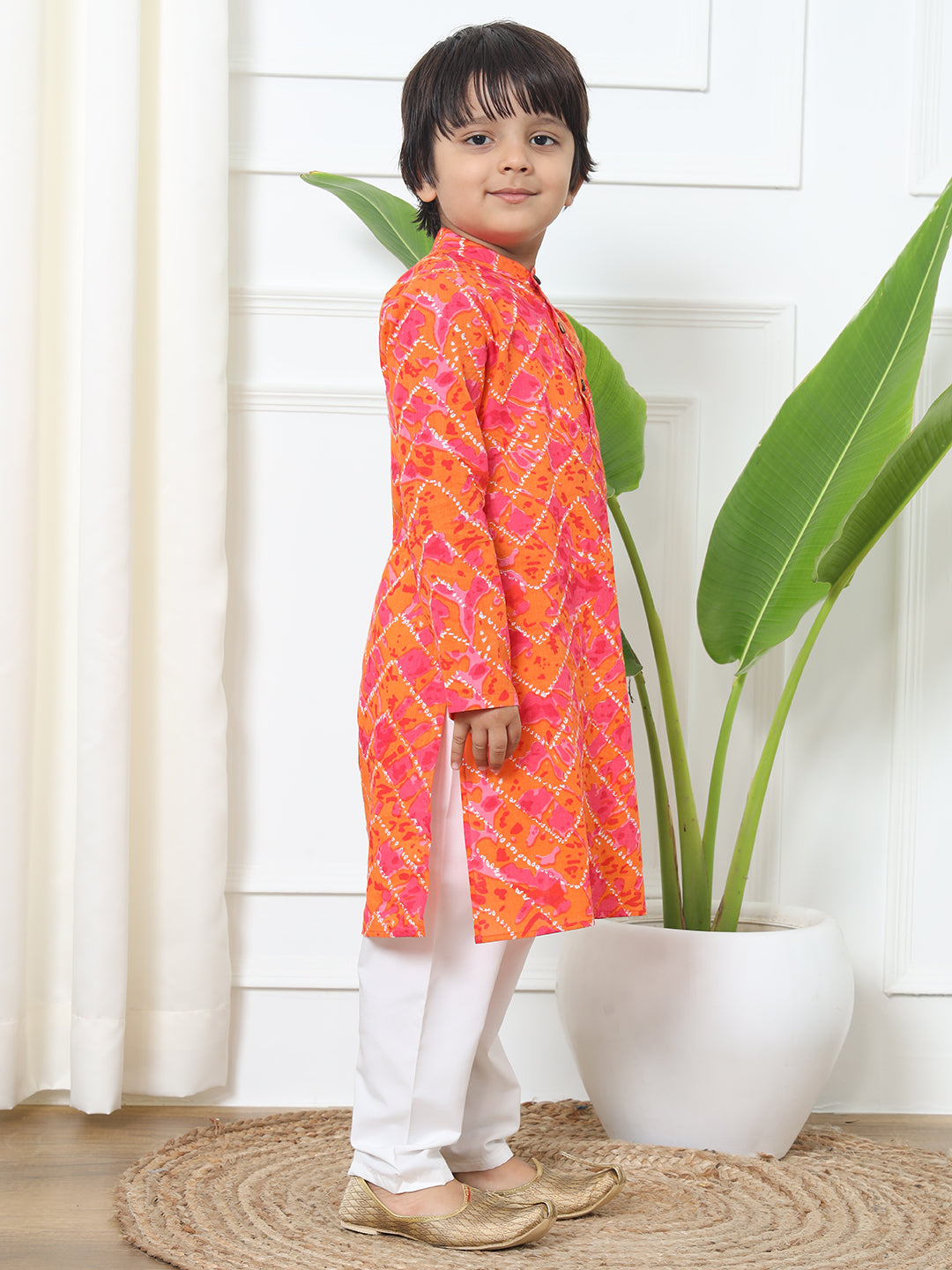 Boys Straight Style Cotton Fabric Orange Color Bandhani Printed Kurta With White Color Pyjama