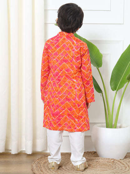 Boys Straight Style Cotton Fabric Orange Color Bandhani Printed Kurta With White Color Pyjama