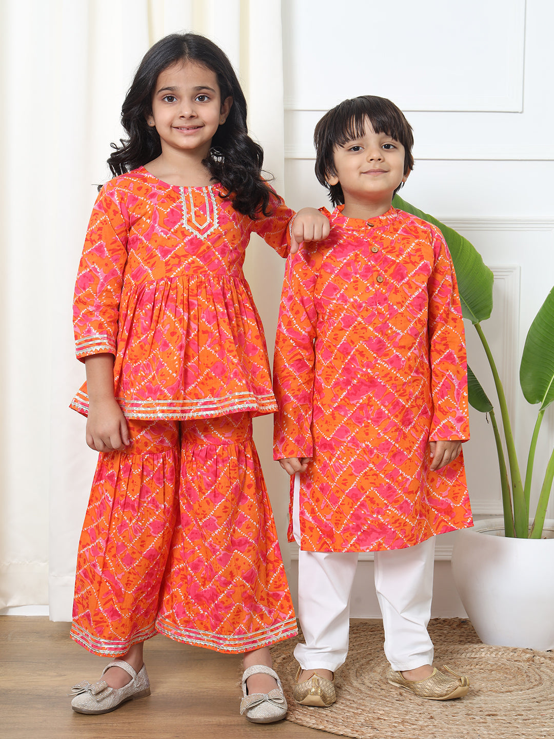Boys Straight Style Cotton Fabric Orange Color Bandhani Printed Kurta With White Color Pyjama