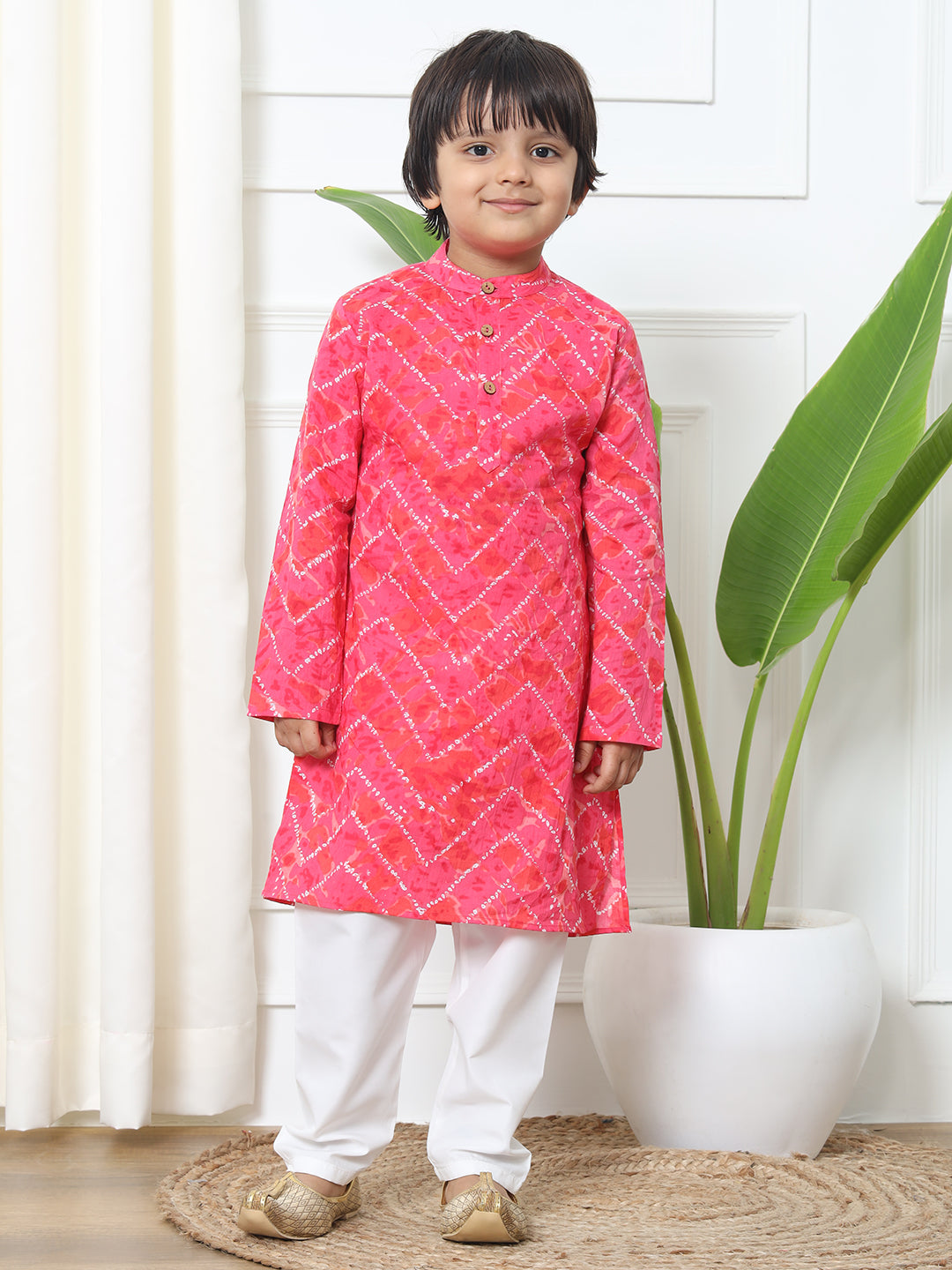Boys Straight Style Cotton Fabric Pink Color Bandhani Printed Kurta With White Color Pyjama