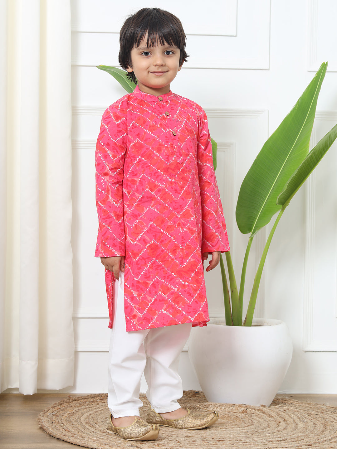 Boys Straight Style Cotton Fabric Pink Color Bandhani Printed Kurta With White Color Pyjama