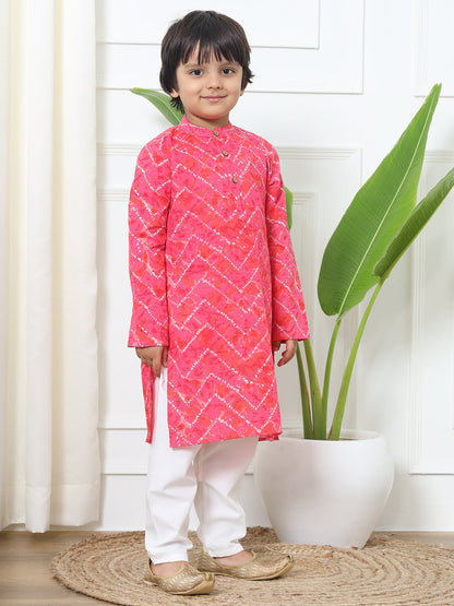Boys Straight Style Cotton Fabric Pink Color Bandhani Printed Kurta With White Color Pyjama