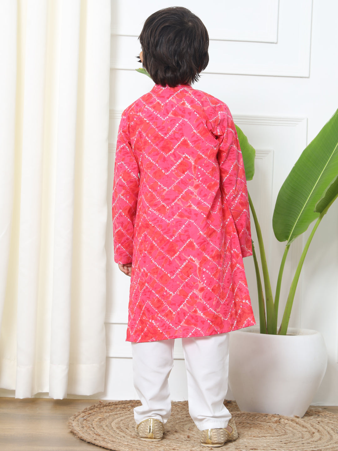 Boys Straight Style Cotton Fabric Pink Color Bandhani Printed Kurta With White Color Pyjama