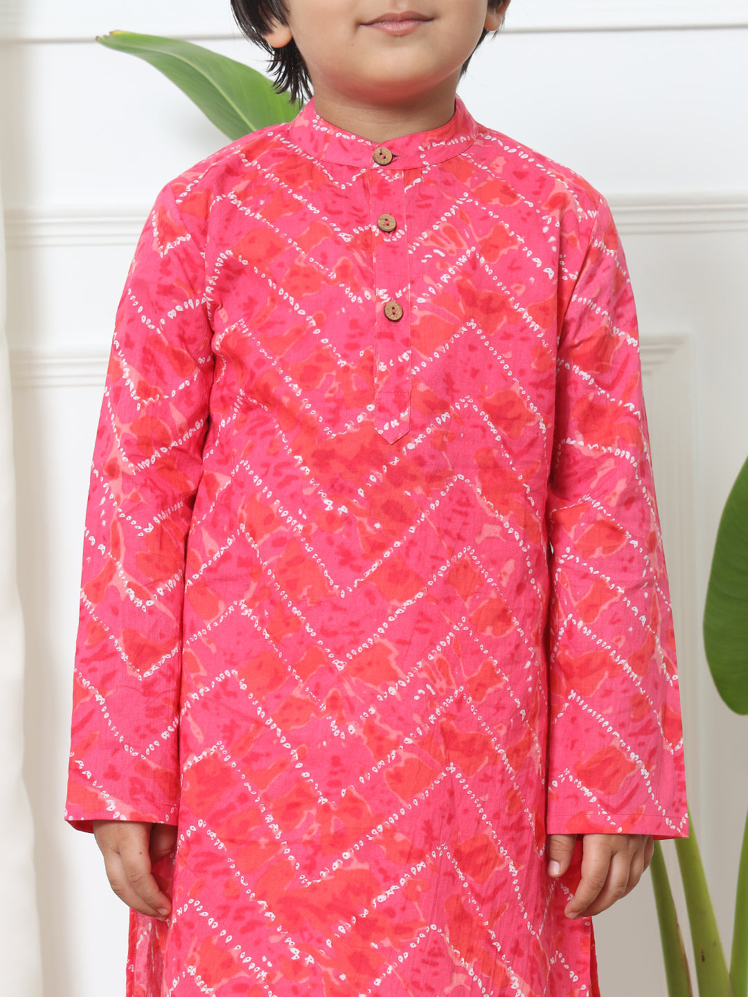 Boys Straight Style Cotton Fabric Pink Color Bandhani Printed Kurta With White Color Pyjama