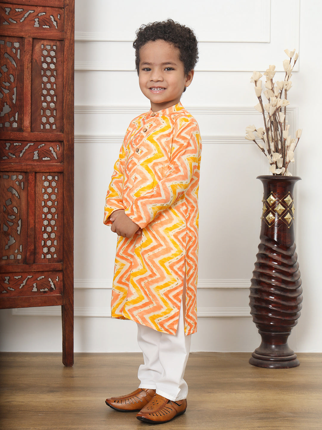 Boys Straight Style Rayon Fabric Peach Color Printed Kurta With White Color Pyjama