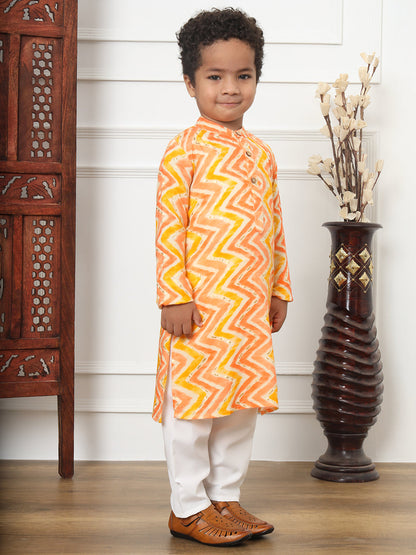 Boys Straight Style Rayon Fabric Peach Color Printed Kurta With White Color Pyjama