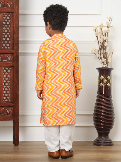 Boys Straight Style Rayon Fabric Peach Color Printed Kurta With White Color Pyjama