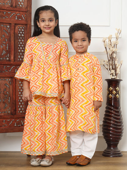Boys Straight Style Rayon Fabric Peach Color Printed Kurta With White Color Pyjama