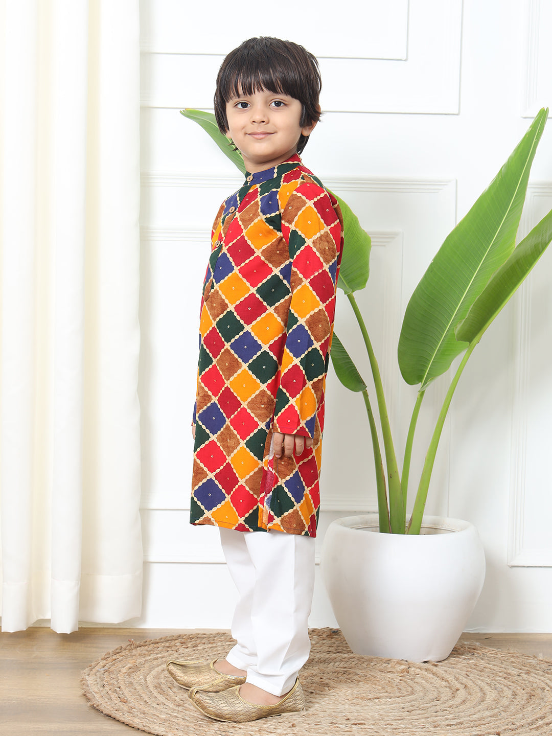 Boys Straight Style Rayon Fabric Mustard Color Printed Kurta With White Pyjama