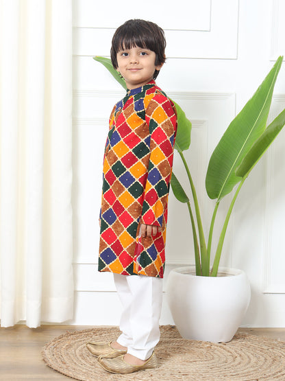 Boys Straight Style Rayon Fabric Mustard Color Printed Kurta With White Pyjama