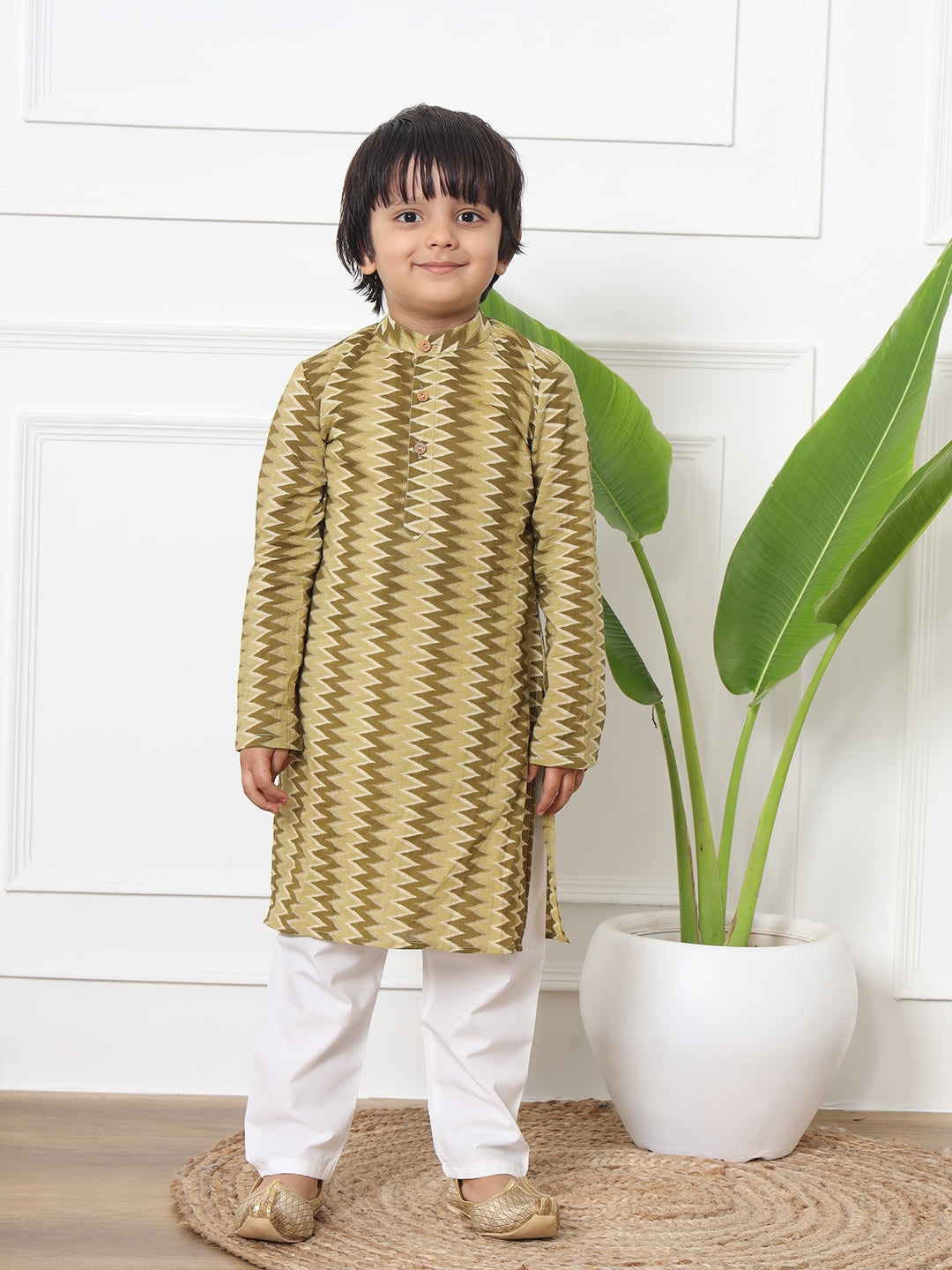 Boys Straight Style Cotton Fabric Green Color Floral Printed Kurta With Pyjama And Nehru Jacket