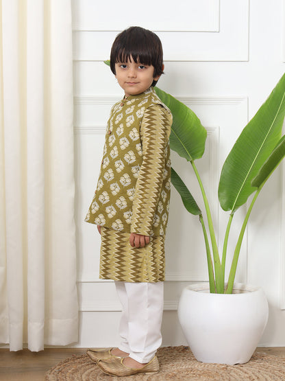 Boys Straight Style Cotton Fabric Green Color Floral Printed Kurta With Pyjama And Nehru Jacket