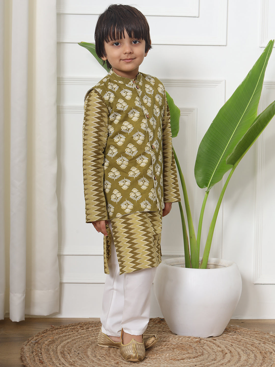 Boys Straight Style Cotton Fabric Green Color Floral Printed Kurta With Pyjama And Nehru Jacket