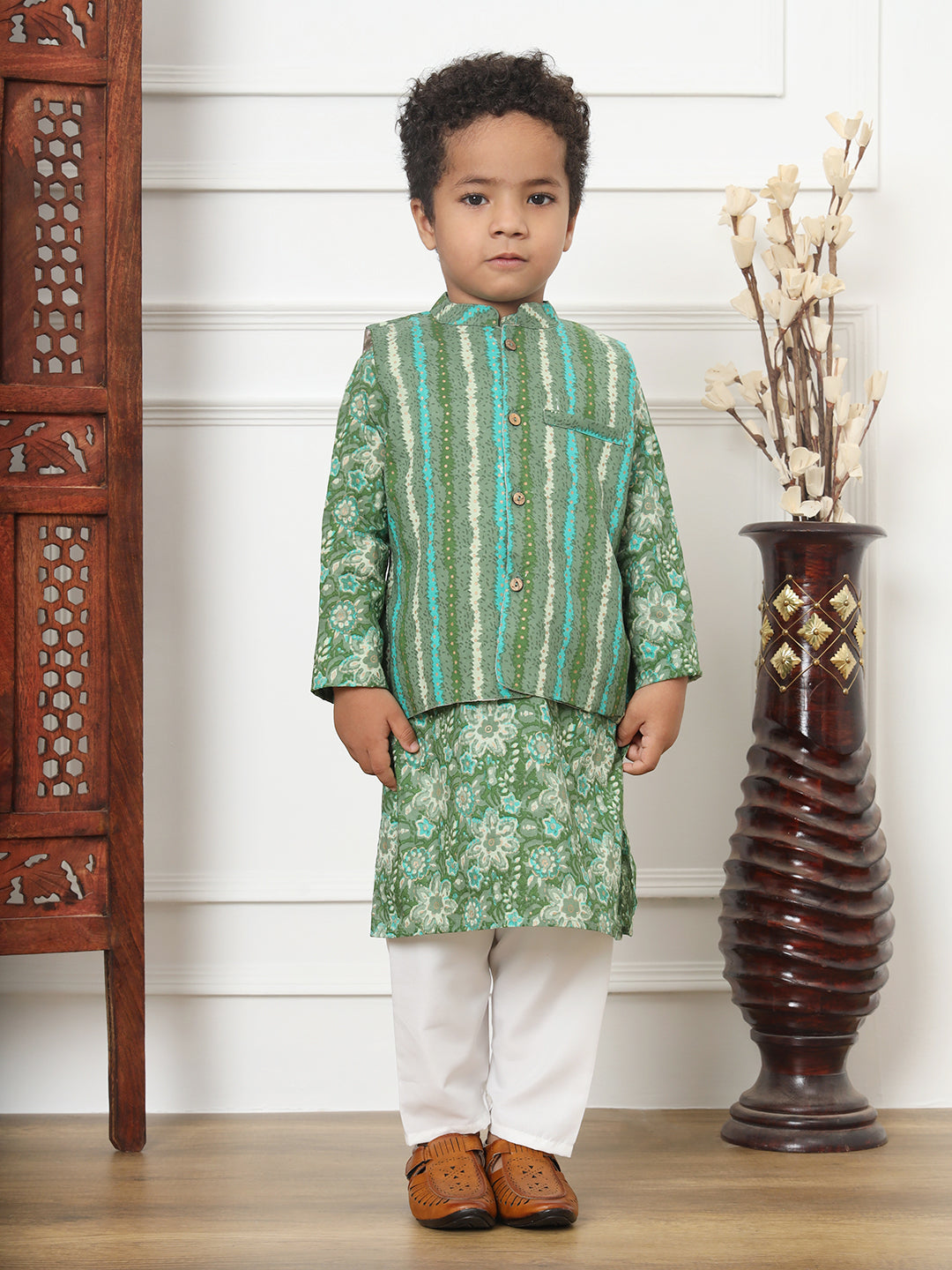 Boys Straight Style Cotton Fabric Green Color Printed Kurta And White Color Pyjama With Nehru Jacket