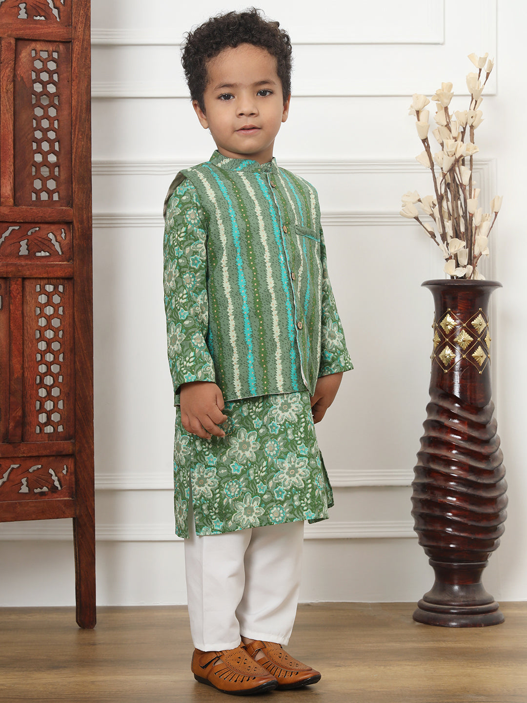 Boys Straight Style Cotton Fabric Green Color Printed Kurta And White Color Pyjama With Nehru Jacket