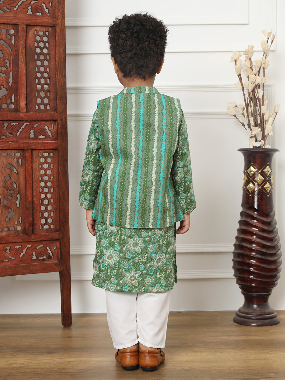 Boys Straight Style Cotton Fabric Green Color Printed Kurta And White Color Pyjama With Nehru Jacket